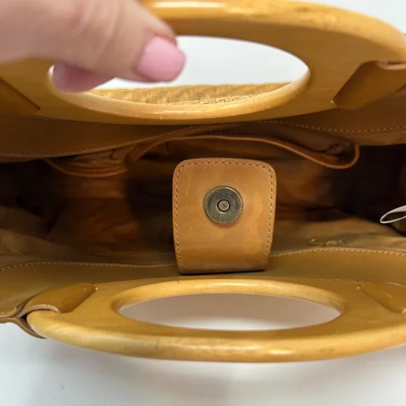 Fossil Handbag Wooven Straw Wood Handle Vintage Y2K Tan Aztec Like Pattern - Picture 5 of 8